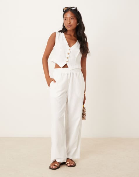 Vila Petite linen touch tailored wide leg trouser co-ord in white