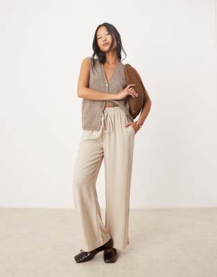 linen touch tie waist wide leg pants in stone-Neutral