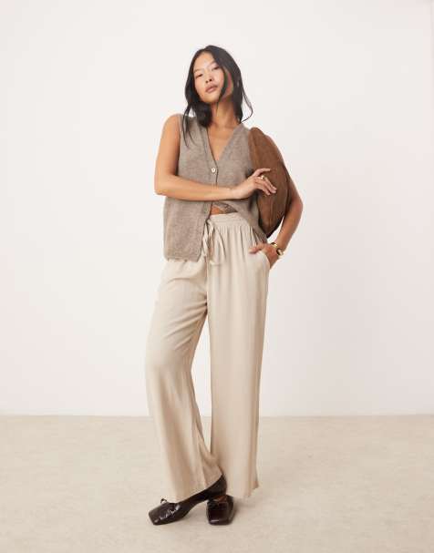 VILA Petite linen touch tie waist wide leg pants in stone - view 1