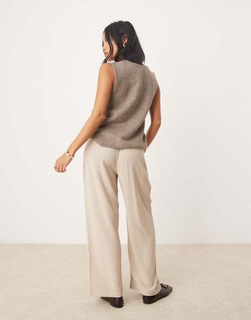 Vila Petite linen touch tie waist wide leg pants in stone ASOS