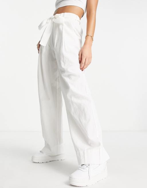 Vila Petite linen touch tie waist wide leg pants in white