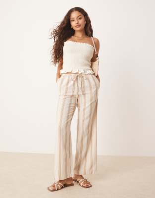 Vila Petite Vila Petite linen touch tie waist wide leg trouser in cream & tan stripe-Neutral