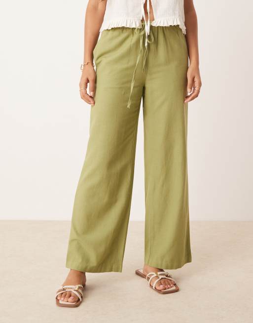 Vila Petite linen touch tie waist wide leg trouser in sage green, 2 of 5