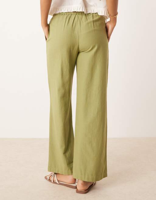 Vila Petite linen touch tie waist wide leg trouser in sage green, 4 of 5