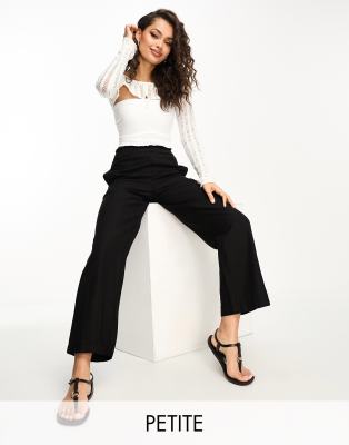 Vila Petite linen touch wide leg pull on pants in black