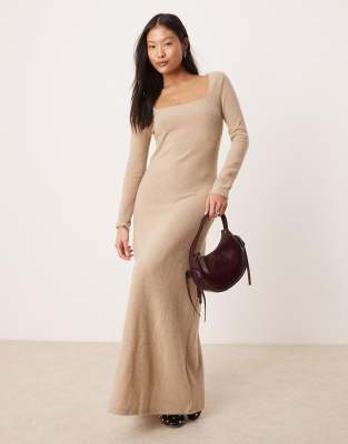 Vila Petite Vila Petite long sleeve square neck knitted maxi dress in camel-Neutral