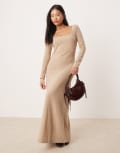 [Vila Petite] VILA Petite long sleeve square neck knitted maxi dress in camel-Neutral 14 Tigers eye