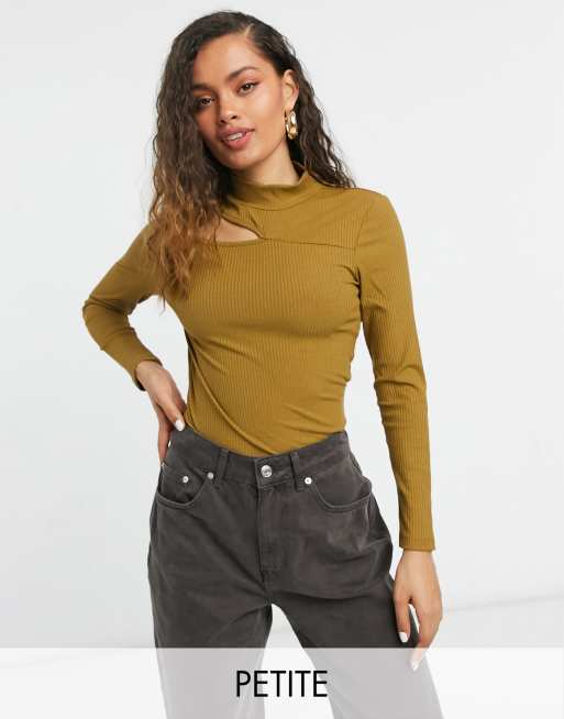 Vila Petite long sleeved rib top with slash cut out and high neck in olive