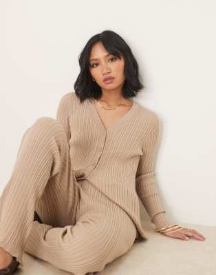 longline ribbed cardigan in tan - part of a set-Neutral