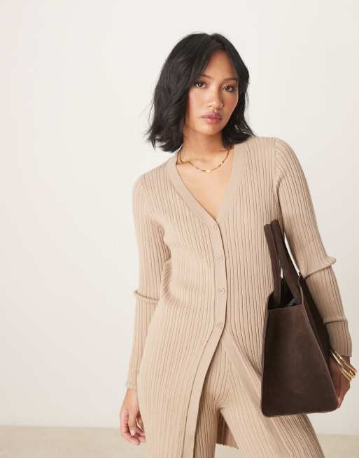 VILA Petite longline ribbed cardigan in tan (part of a set) , 3 of 4