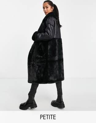 Vila Petite longline shearling coat with panel detail in black