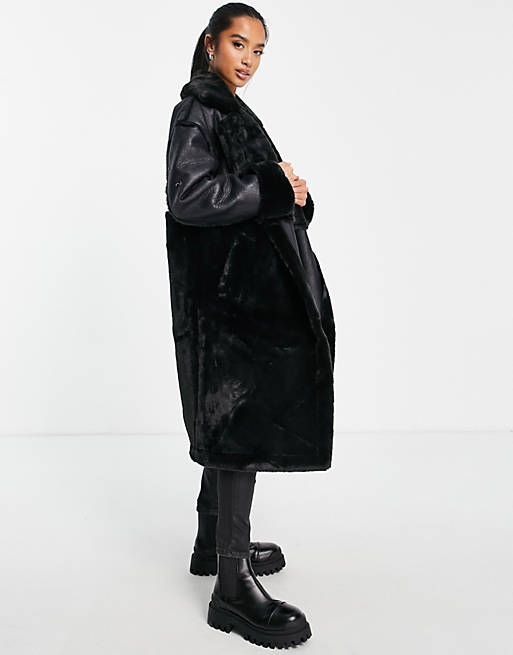Vila Petite Longline Shearling Coat, Vila Longline Faux Fur Shearling Coat In Black