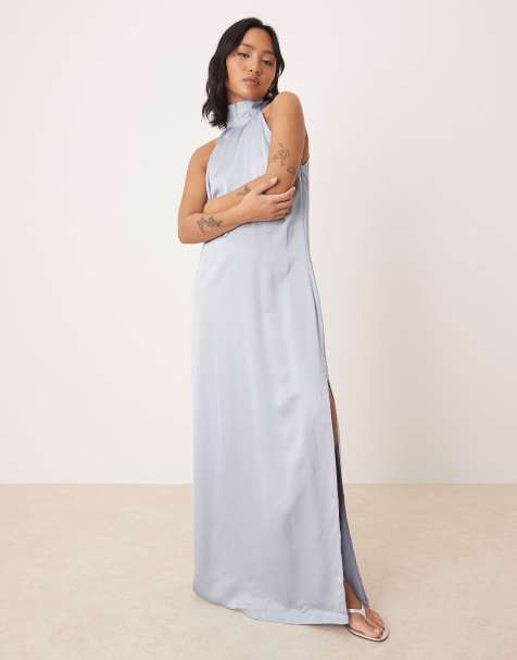 VILA Petite - Maxi jurk met gestrikte halternek in pastelblauw - view 1