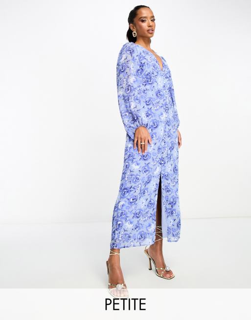 Vila Petite - Maxi jurk met V-hals en knoopsluiting in blauwe bloemenprint