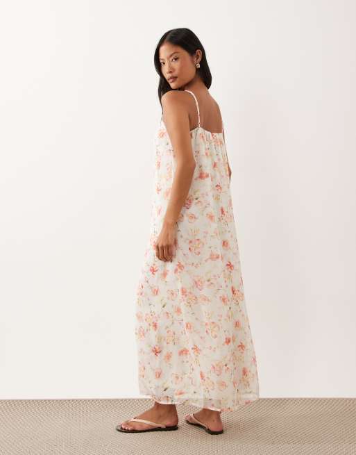 VILA Petite - Midi cami-jurk met kanten rand en bloemenprint in wit, 4 van 4