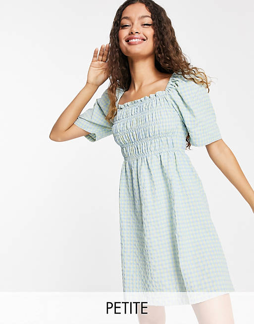 Vila Petite midi dress with shirring and square neck in gingham