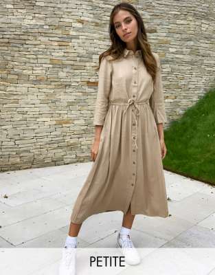 Vila Petite midi shirt dress with tie waist in beige