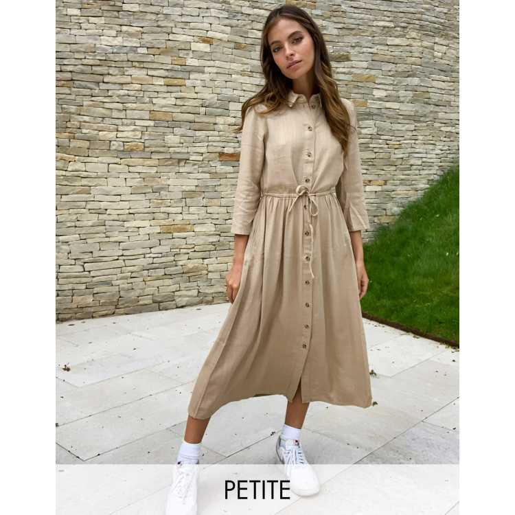 Vila Petite midi shirt dress with tie waist in beige