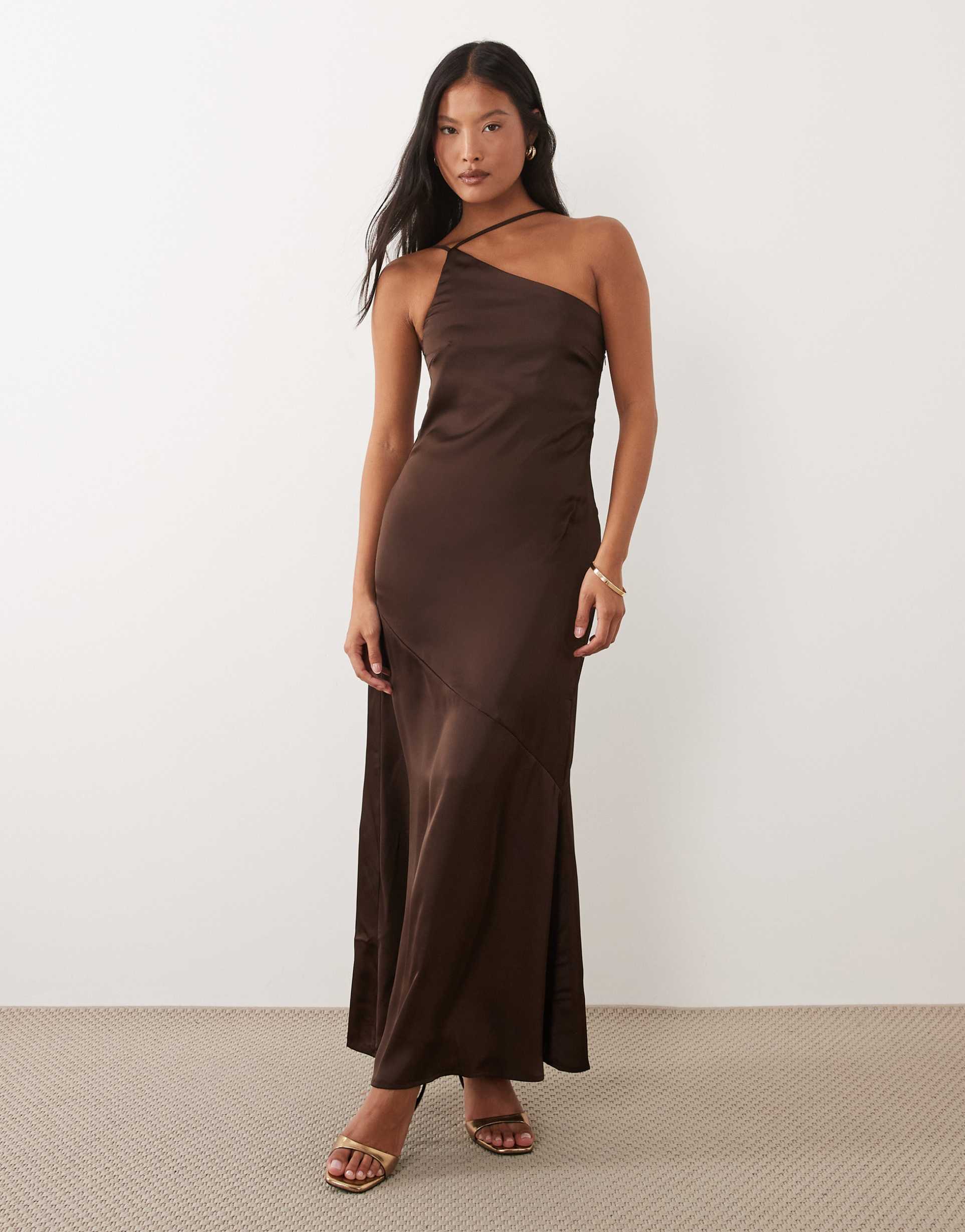 vila petite one shoulder strap detail satin maxi dress in chocolate brown
