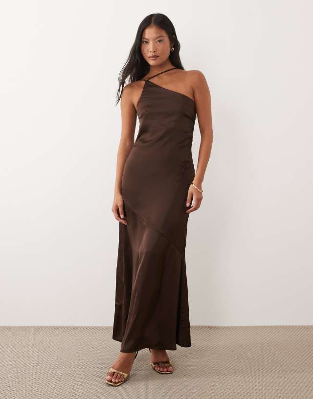 westside brown dress VILA Petite one shoulder strap detail satin maxi in chocolate Garden Guest Baby Shower Dresses for Color:Gold Foil but with more texture