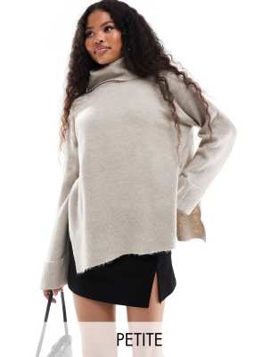 Vila Petite - Oversize-Rollkragenpullover in melierter Naturfarbe mit umgeschlagenen Bündchen-Neutral