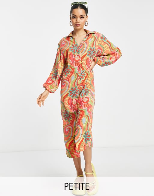 Vila Petite oversized midi shirt dress with volume sleeve in bright retro  floral print | ASOS