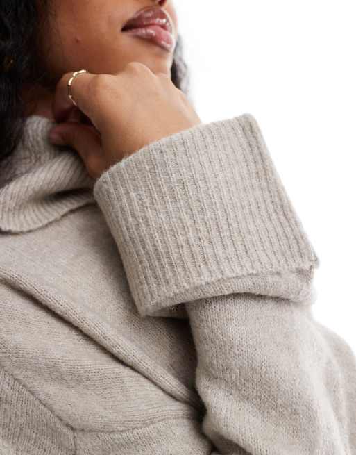 Vila Petite Oversized trui met col en boorden met omslag in gemeleerd neutraal ASOS