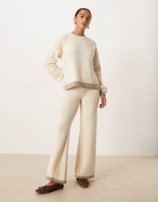 Pantalon ample d'ensemble en maille à bords contrastants - Crème-Blanc XXL