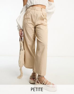 Vila Petite linen touch button tab wide leg trousers in beige - ASOS Price Checker