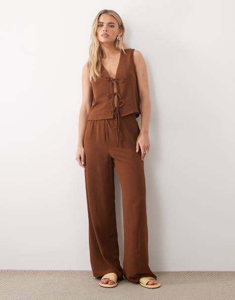 VILA Petite - Pantalon large d'ensemble texturé - Marron carafe - view 1