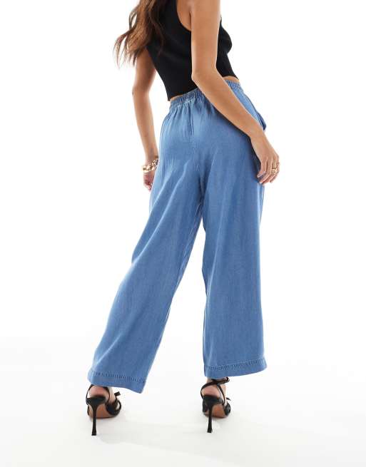 Vila Petite - Pantaloni a fondo ampio blu chambray allacciati in vita, 4 di 5