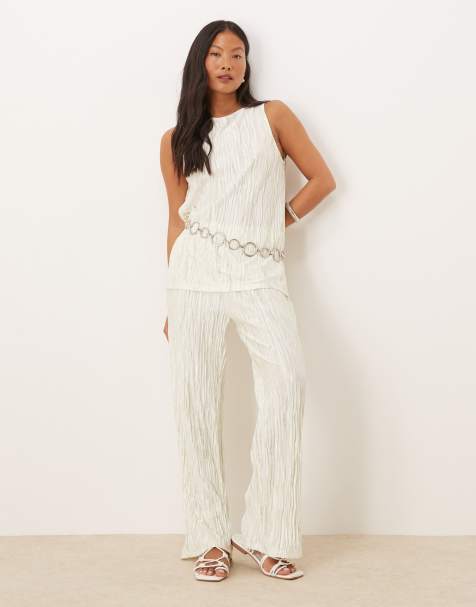 Vila Petite plisse slash neck sleeveless top and wide leg trousers set in pale silt green tie dye - view 1