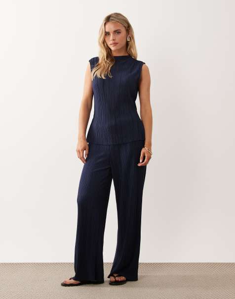 VILA Petite plisse sleeveless top and wide leg pants set in navy - view 1