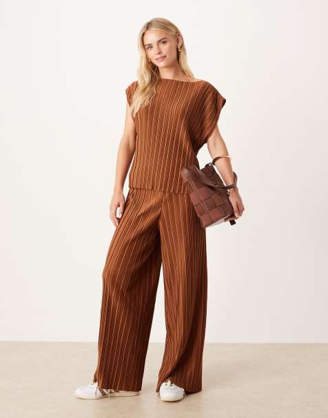 Vila Petite plisse top and wide leg trouser co-ord in bronze - view 1