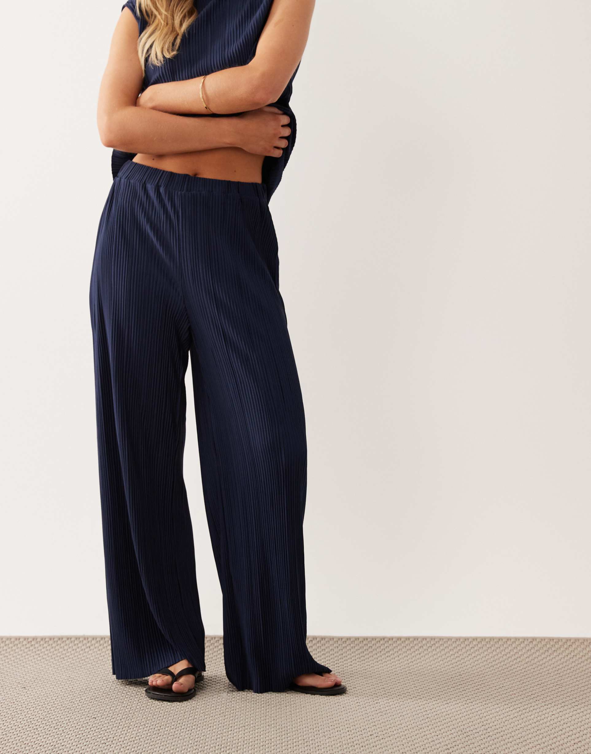 vila petite plisse wide leg pants in navy - part of a set