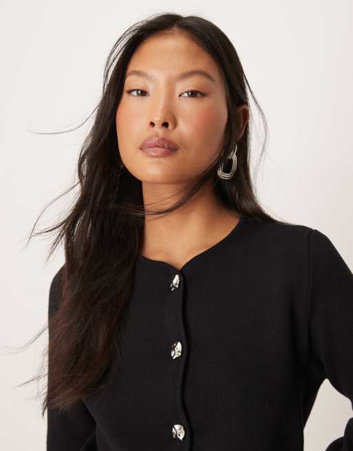 Vila Petite ribbed cardigan co-ord with hammered silver buttons in black, 4 of 4