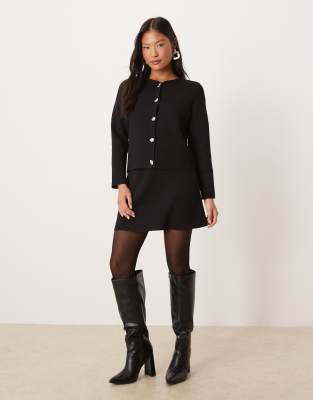 Vila Petite ribbed cardigan with hammered silver buttons and mini skirt set in black