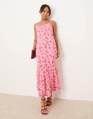 Robe longue à fleurs avec fines bretelles et encolure carrée en tulle - Rose 40