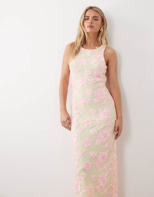 VILA Petite - Robe longue à fleurs brodées - Jaune pastel et rose, 3 de 4