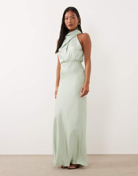 VILA Petite - Robe longue en satin à col montant - Vert sauge - view 1