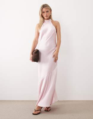 VILA Petite - Robe longue en satin avec dos nu et encolure américaine - Rose fleur de cerisier