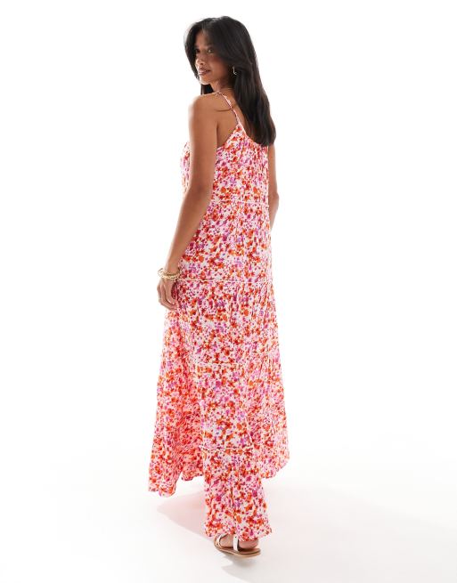 Vila Petite Robe longue etagee a fleurs avec bretelles fines Rose ASOS