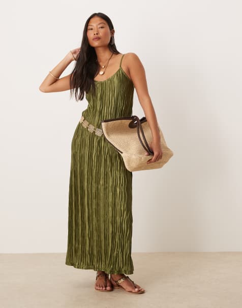 VILA Petite - Robe nuisette longue plissée à bretelles - Vert olive - view 1