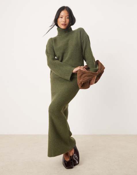 Vila Petite roll neck knitted jumper and midi skirt set in khaki - view 1