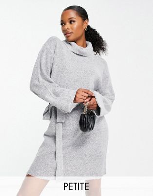 Vila Petite roll neck mini sweater dress with tie waist in gray