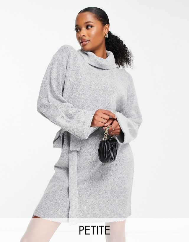 Vila Petite roll neck mini sweater dress with tie waist in gray