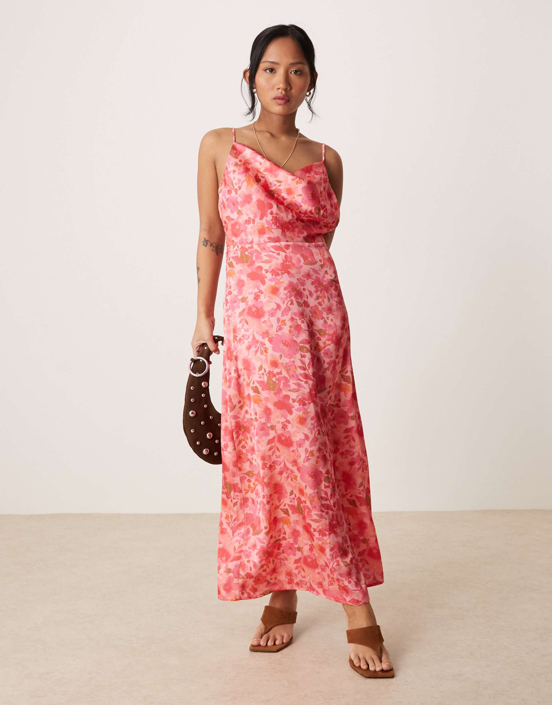 vila petite satin cami maxi dress in pink floral print