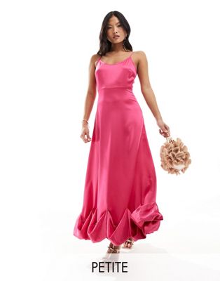Vila Petite Satin Cami Maxi Dress With Stitch Detail Hem In Pink
