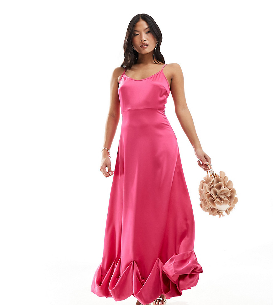 Vila Petite satin cami maxi dress with stitch detail hem in pink