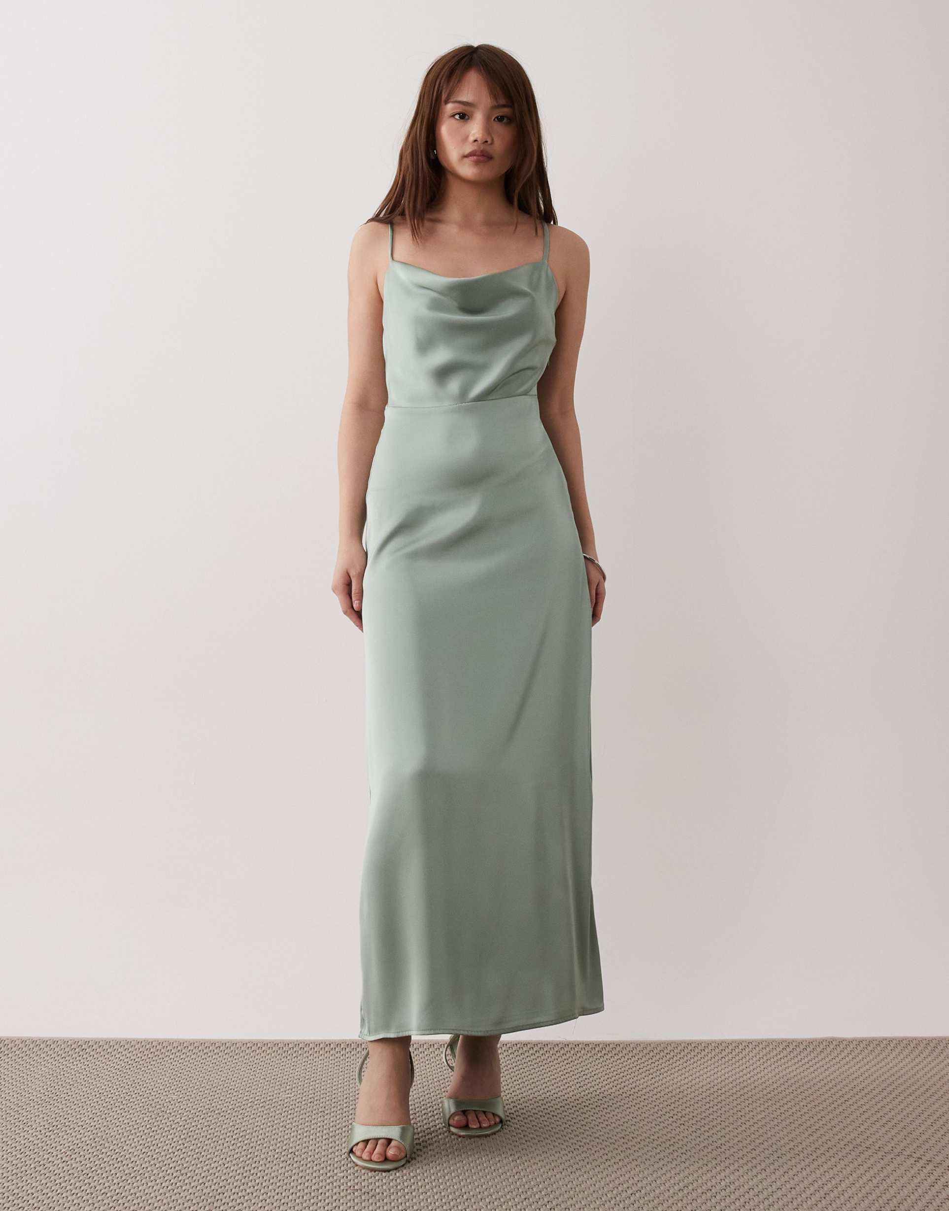 vila petite satin cowl neck cami maxi dress in milieu green